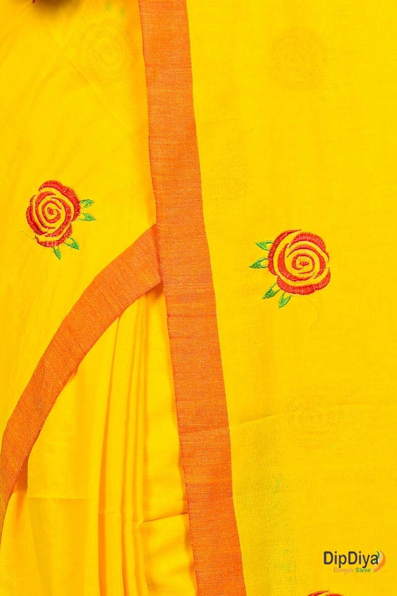 Yellow Red Pure Cotton Parag Embroidery Handloom saree (207)